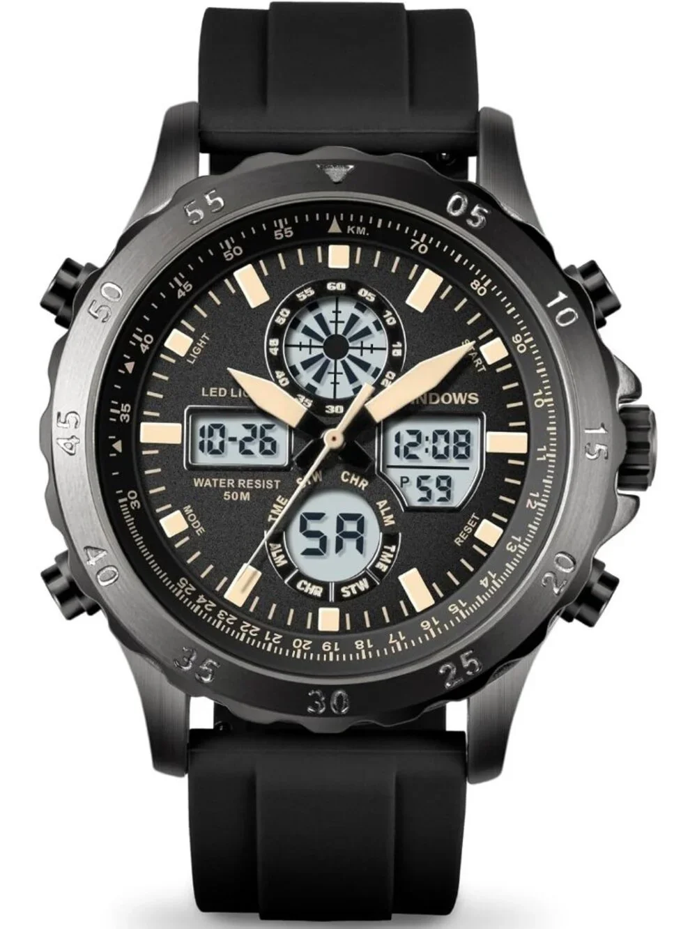 Men's Black Analog Quartz Waterproof Military Multifunctional LED Digital Watch